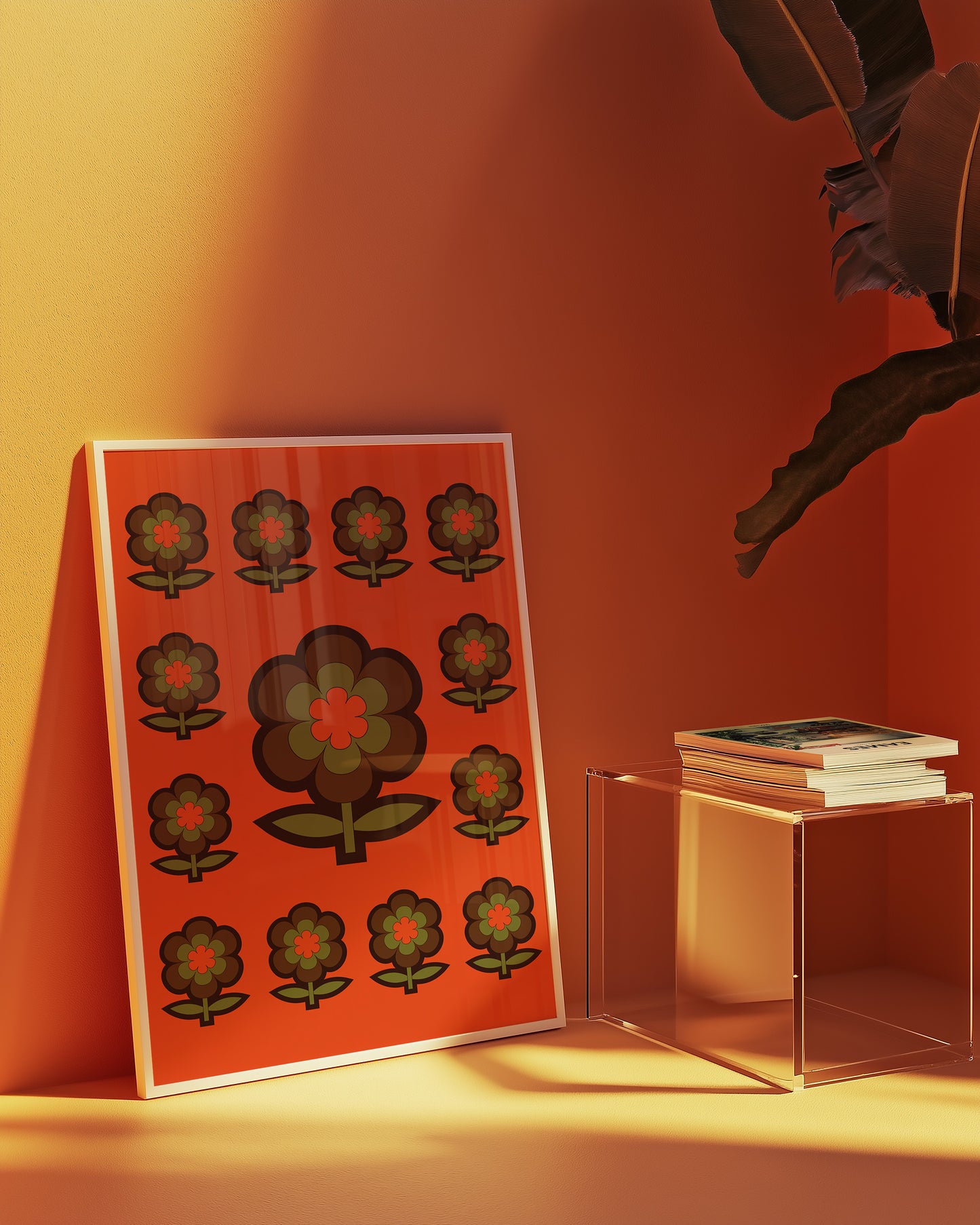 Brown, Orange and Green Flower Print