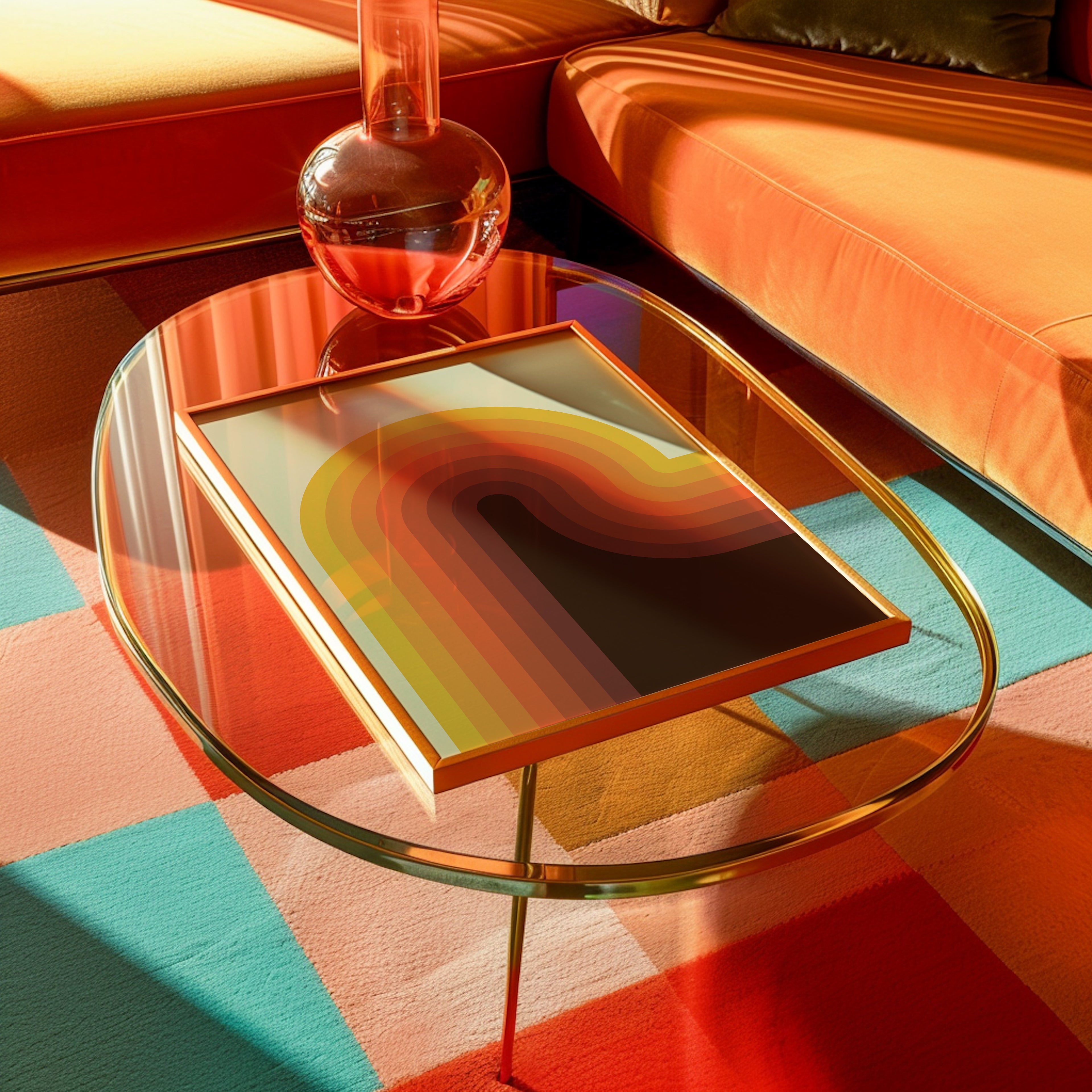 brown and orange art print on table with orange sofa behind it