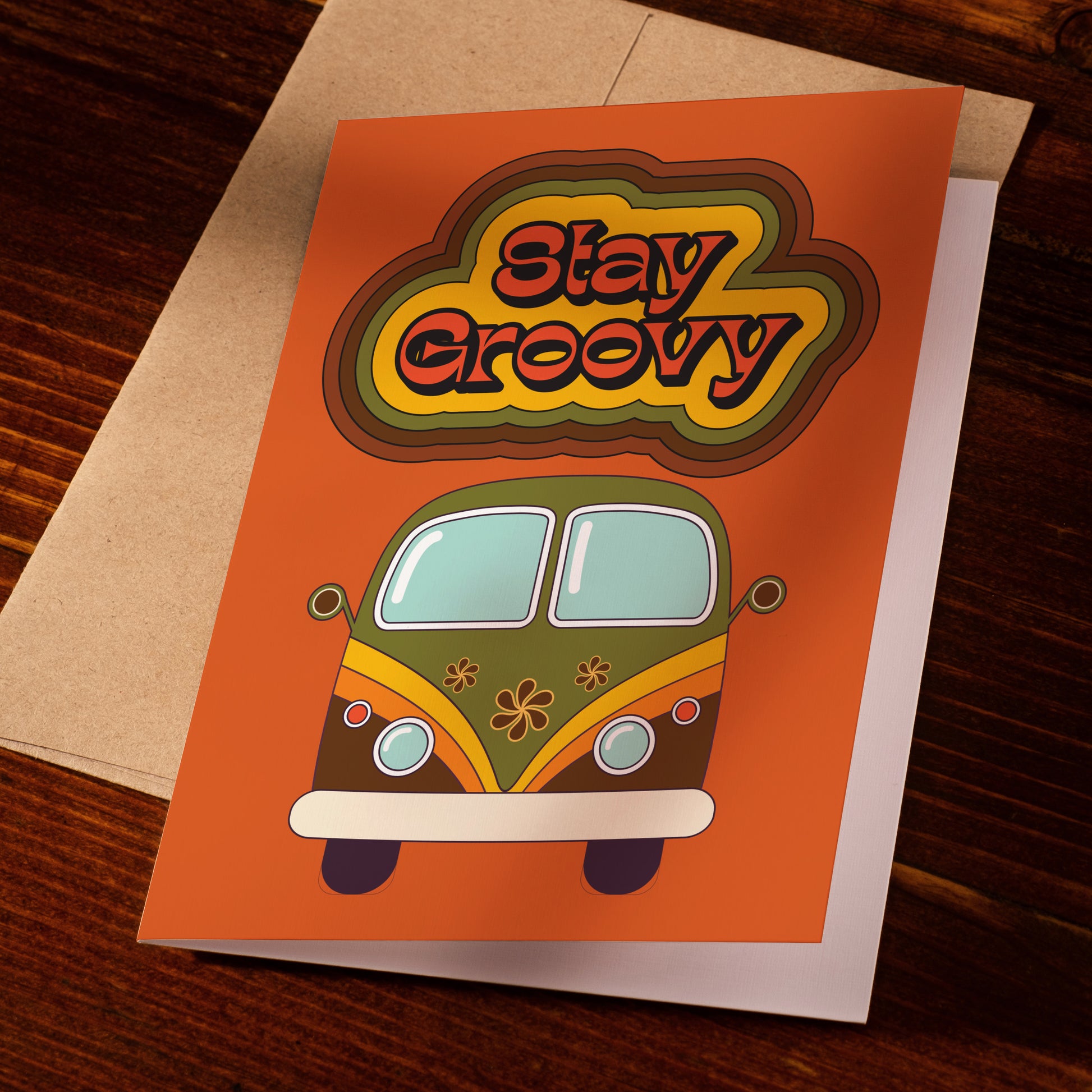 greeting card that says stay groovy with a retro bus on cover